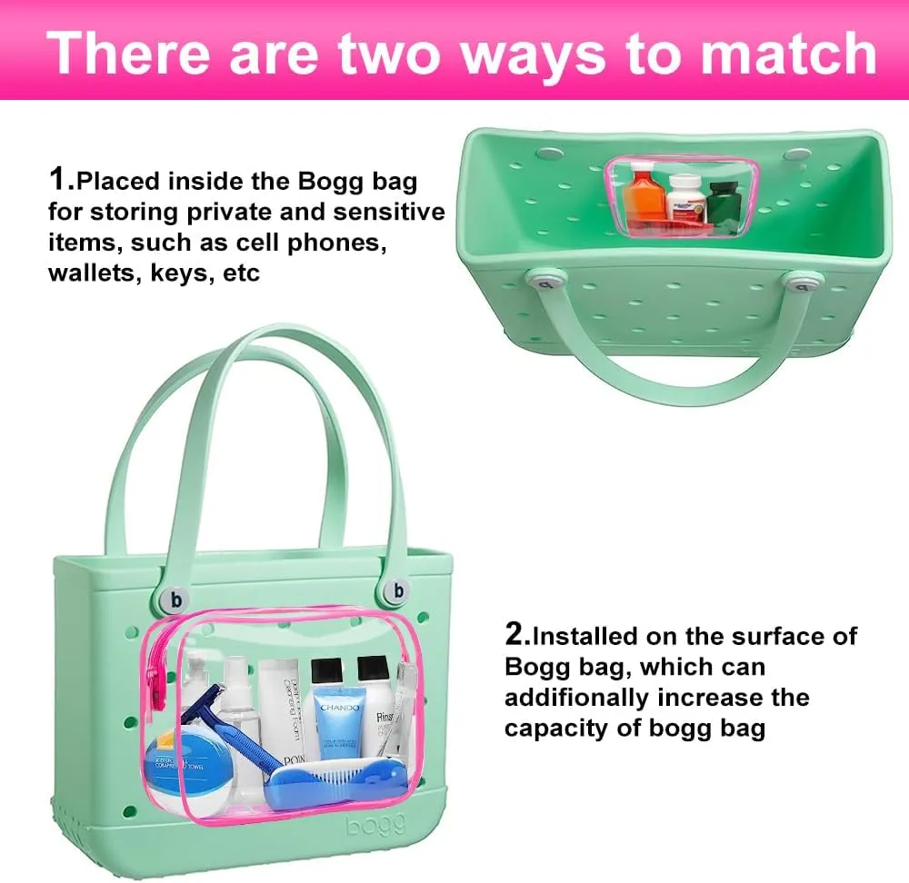 3 Packs Clear Bogg Beach Tote Bag with 2 Pack Insert Hooks Accessories for Bogg Bags Travel Makeup Clean Toiletry Brush Organizer Cosmetic Divider Storage Inner Pouch