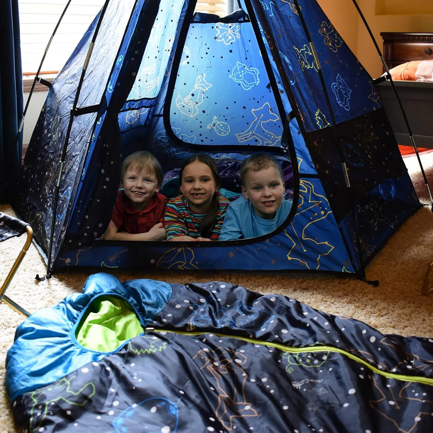 AceCamp Glow in The Dark Mummy Sleeping Bag for Kids and Youth, Temperature Rating 30F/-1C, Water-Resistant for Camping, Hiking, and Slumber Party
