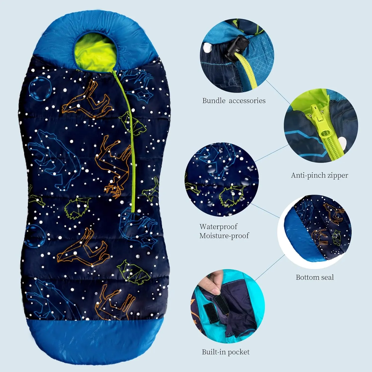 AceCamp Glow in The Dark Mummy Sleeping Bag for Kids and Youth, Temperature Rating 30F/-1C, Water-Resistant for Camping, Hiking, and Slumber Party