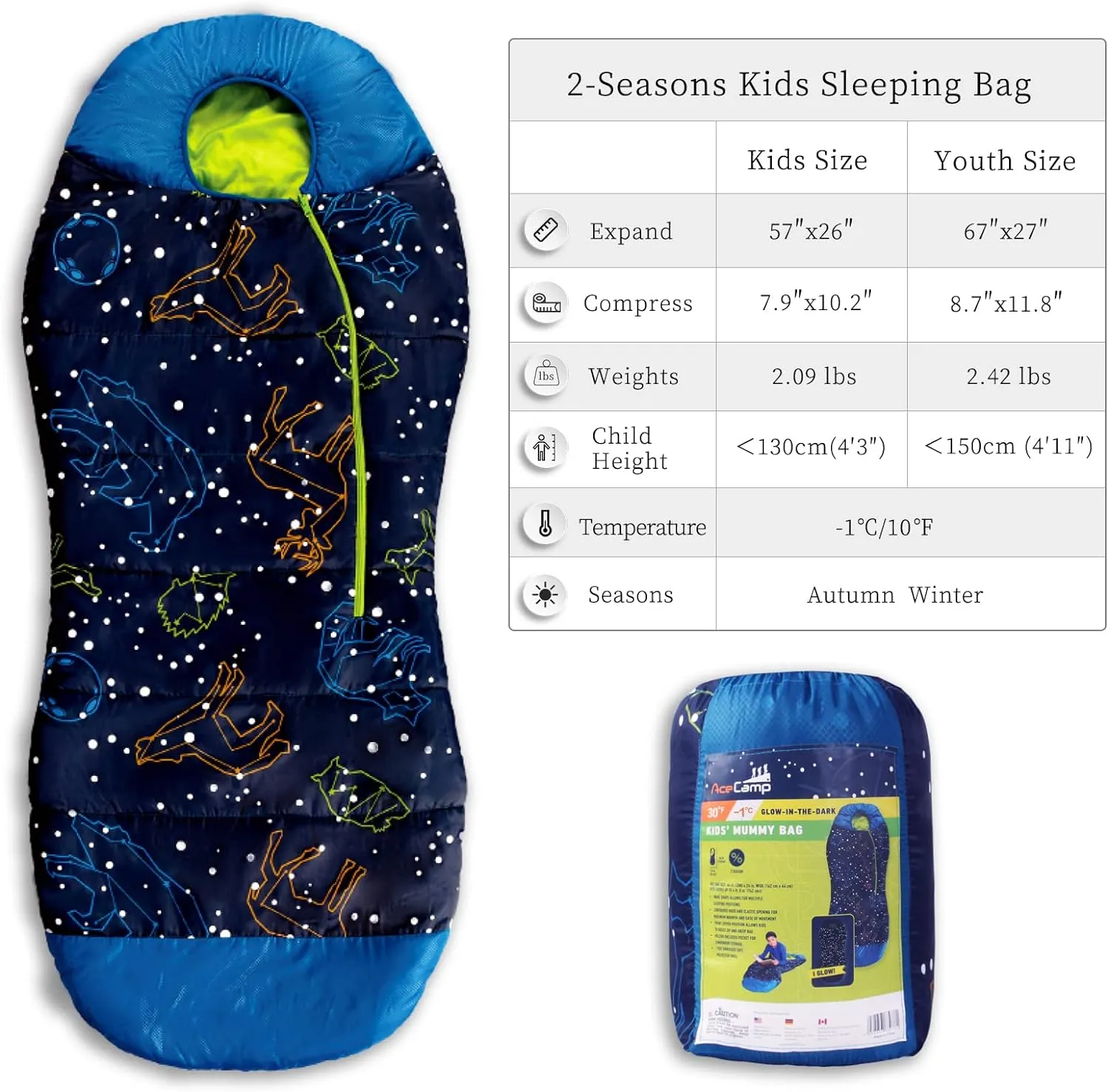 AceCamp Glow in The Dark Mummy Sleeping Bag for Kids and Youth, Temperature Rating 30F/-1C, Water-Resistant for Camping, Hiking, and Slumber Party