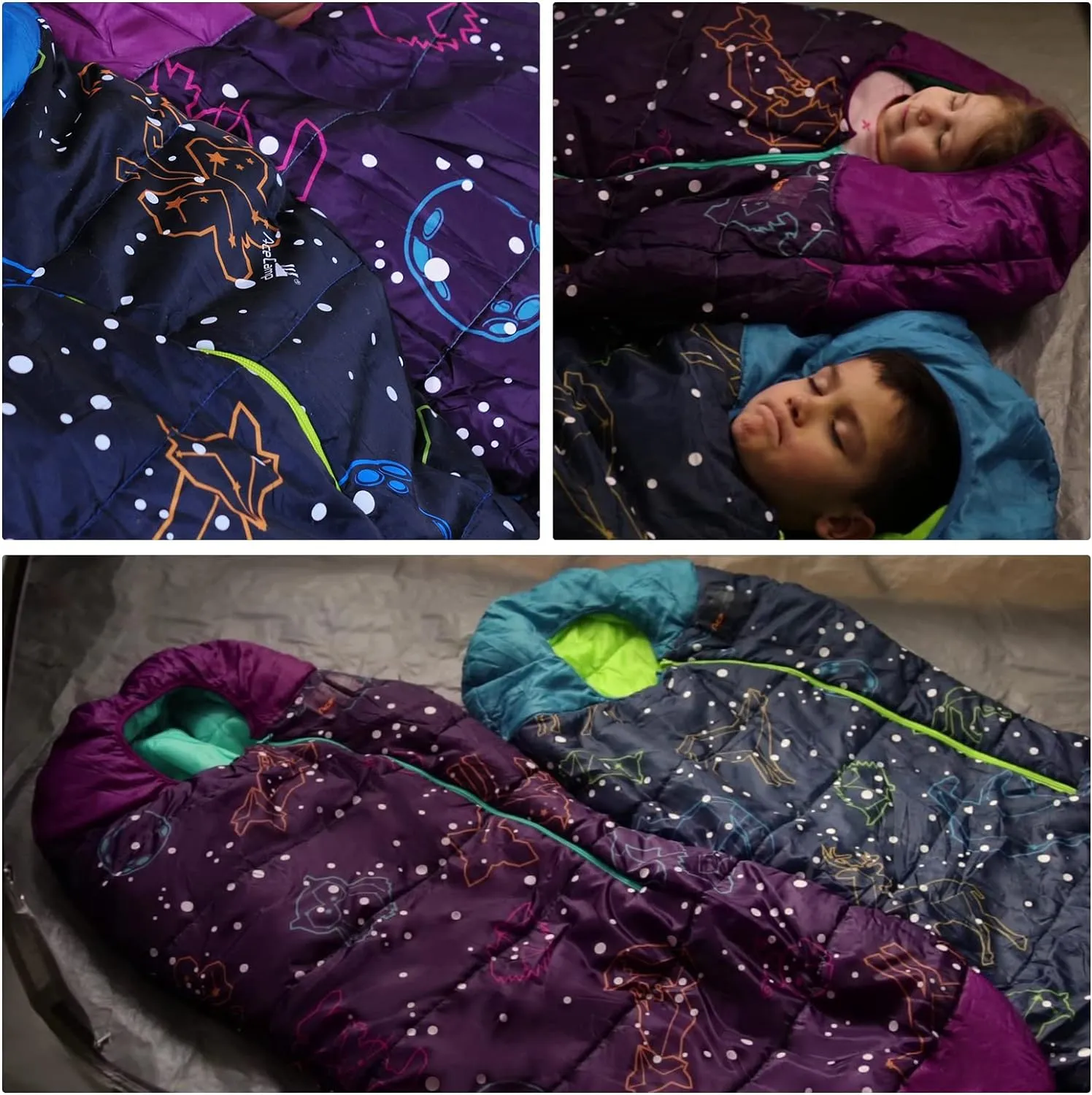 AceCamp Glow in The Dark Mummy Sleeping Bag for Kids and Youth, Temperature Rating 30F/-1C, Water-Resistant for Camping, Hiking, and Slumber Party