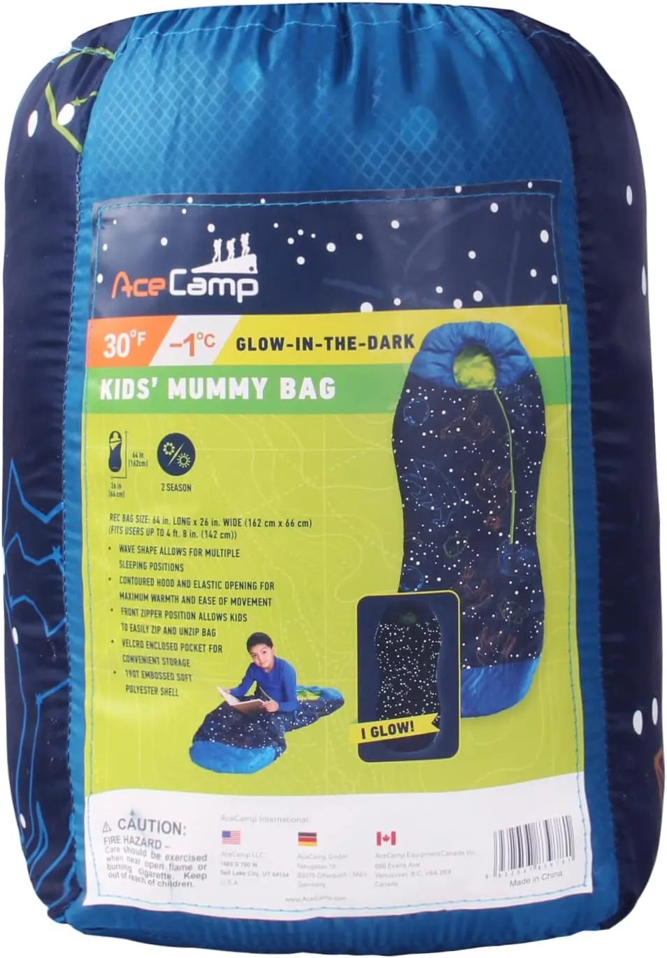 AceCamp Glow in The Dark Mummy Sleeping Bag for Kids and Youth, Temperature Rating 30F/-1C, Water-Resistant for Camping, Hiking, and Slumber Party