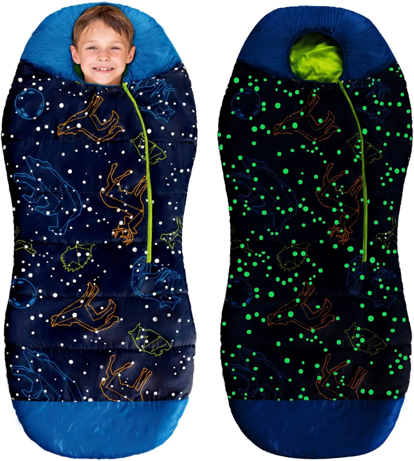 AceCamp Glow in The Dark Mummy Sleeping Bag for Kids and Youth, Temperature Rating 30F/-1C, Water-Resistant for Camping, Hiking, and Slumber Party