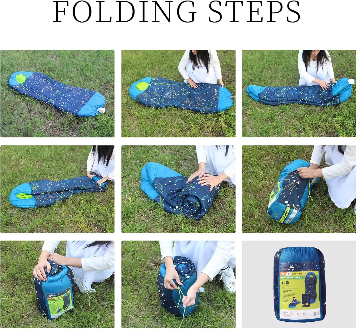 AceCamp Glow in The Dark Mummy Sleeping Bag for Kids and Youth, Temperature Rating 30F/-1C, Water-Resistant for Camping, Hiking, and Slumber Party
