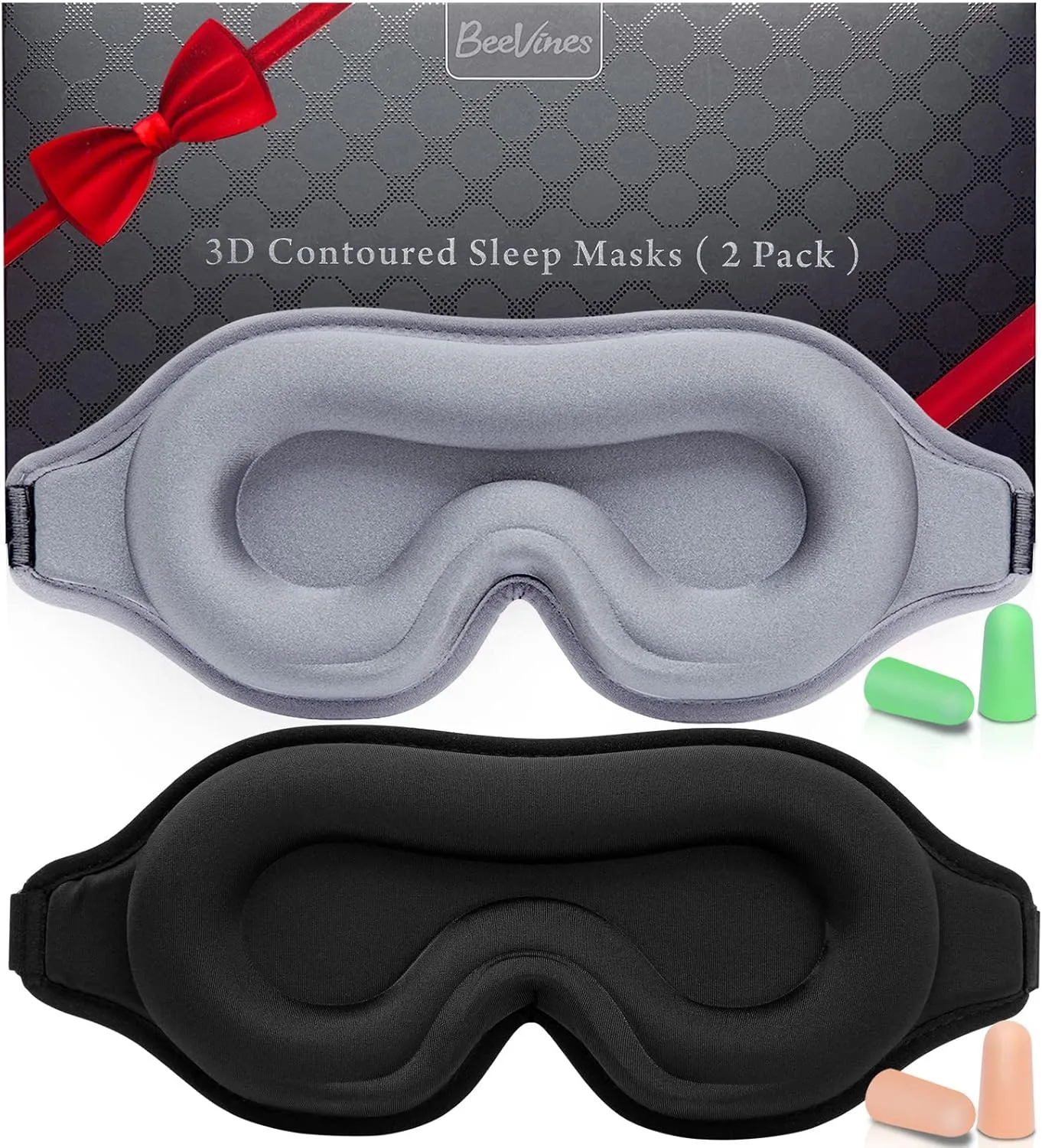 BeeVines Sleep Mask, 2 Pack 3D Contoured Sleeping Eye Masks for Lash Extensions, Night Molded Covers with Adjustable Strap, Eye Shade Cover Lashes Extension for Traveling Yoga Nap(Black & Grey)