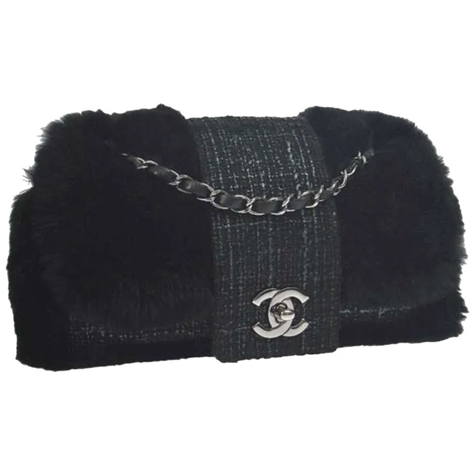 Chanel Classic Flap Rare Vintage Orylag Black and Grey Tweed Fur Cross Body Bag