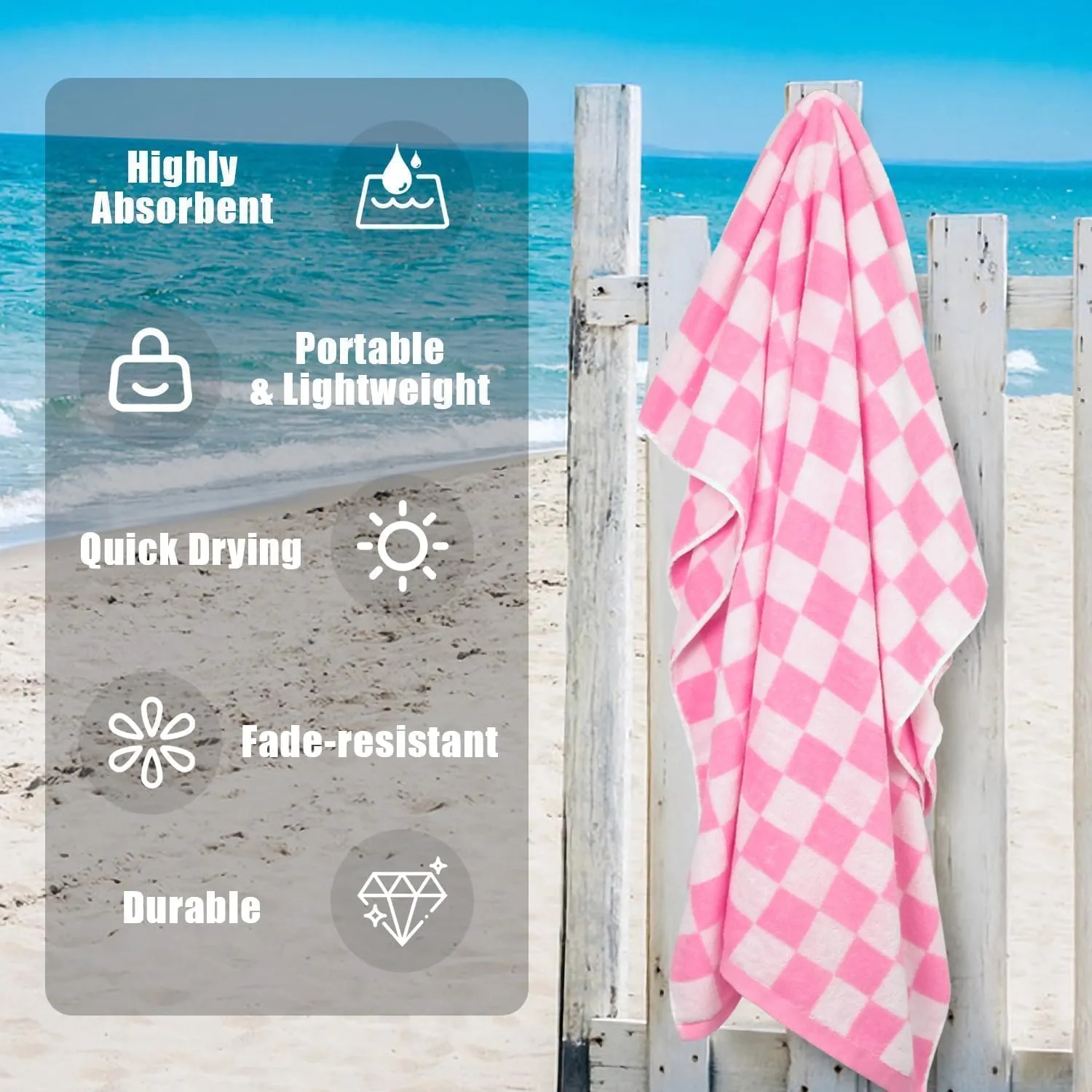 Checkered Beach Towel Pink - Oversized 35" x 70" for Women Girls, Cotton Quick Dry Pool Towel for Cabana, Travel, Summer Vacation