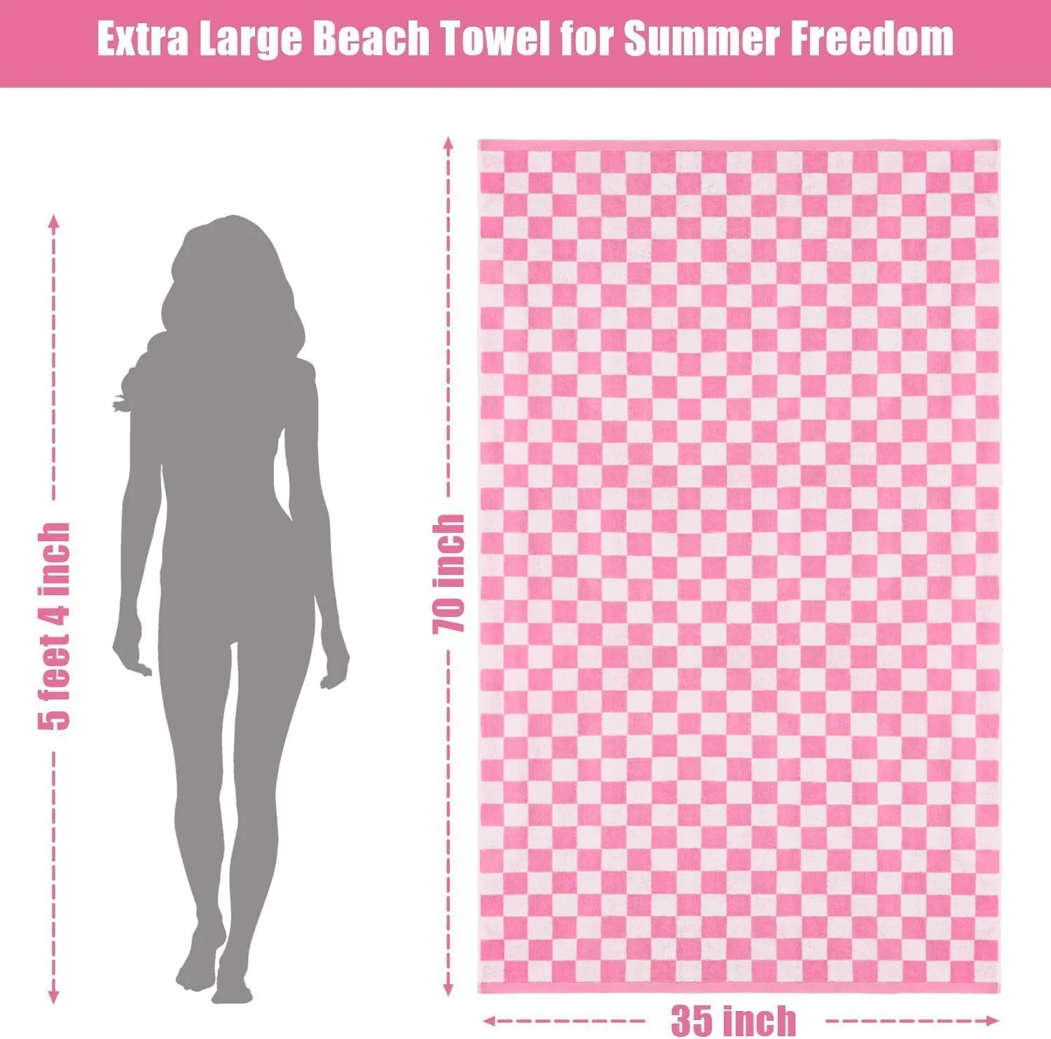 Checkered Beach Towel Pink - Oversized 35" x 70" for Women Girls, Cotton Quick Dry Pool Towel for Cabana, Travel, Summer Vacation