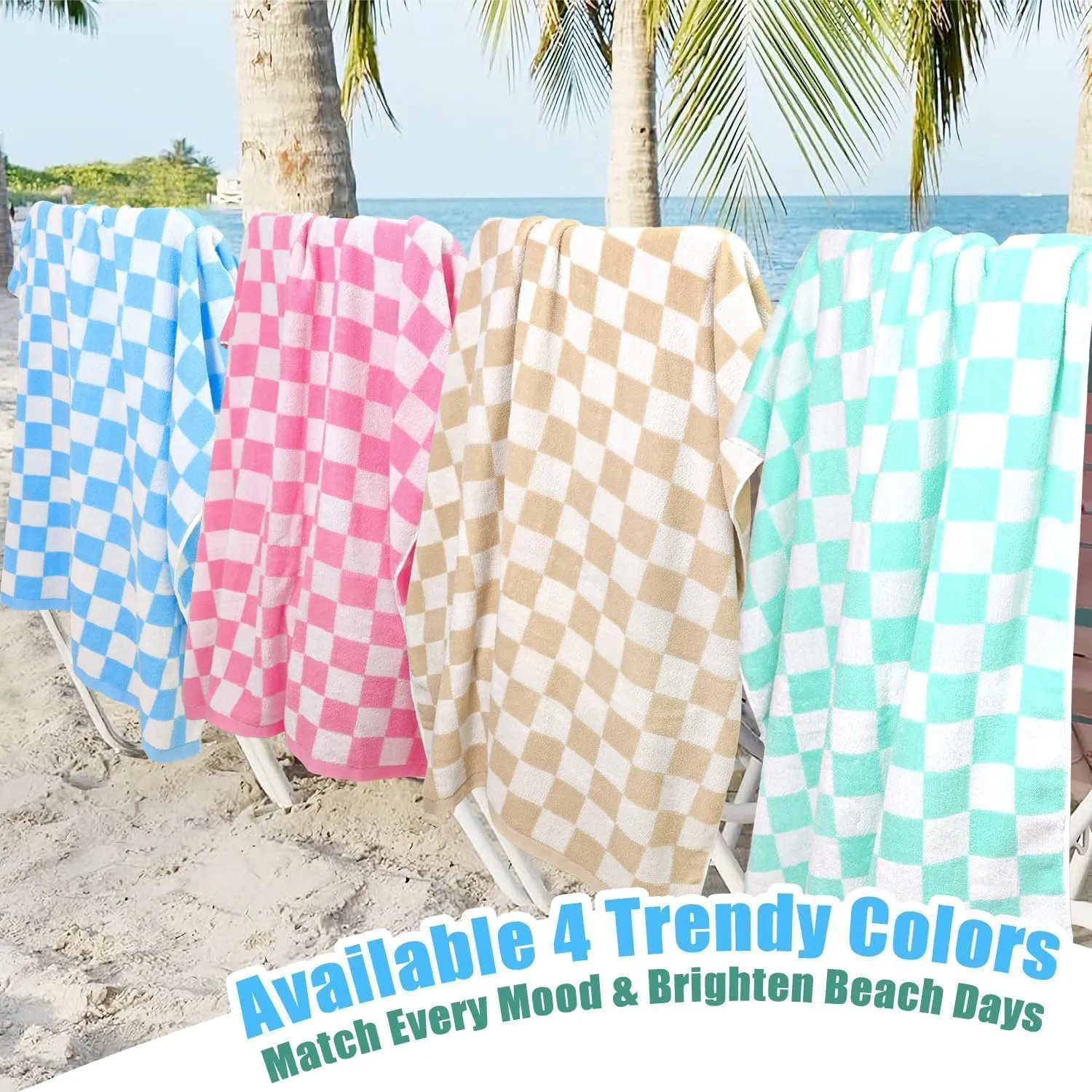 Checkered Beach Towel Pink - Oversized 35" x 70" for Women Girls, Cotton Quick Dry Pool Towel for Cabana, Travel, Summer Vacation