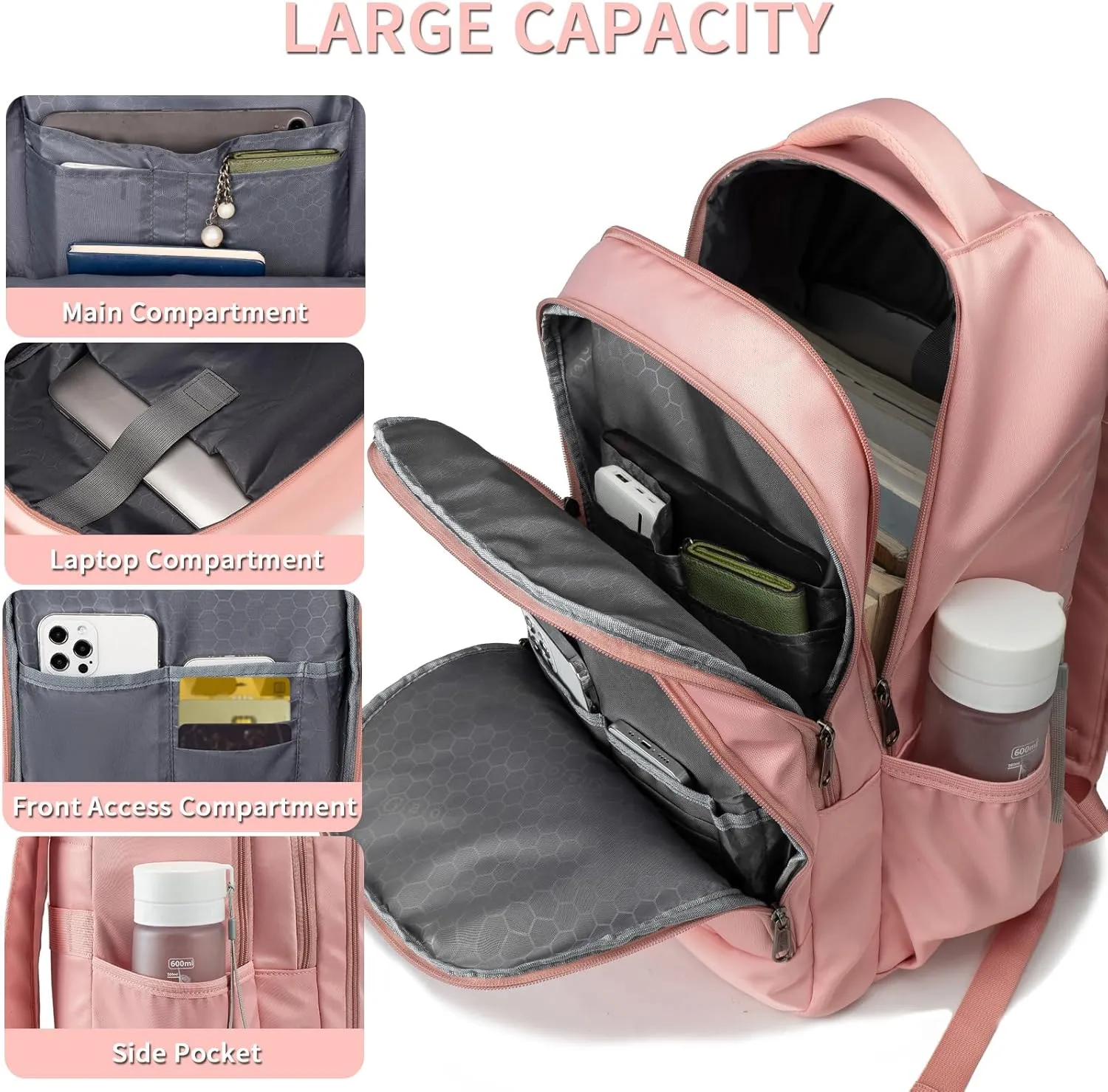 Della Gao College Laptop Backpack with Pencil Case, Pink Travel Backpack for Women, Waterproof Computer Back Pack for Travel, Business, Work, College (Pink, 15.6 Inch)