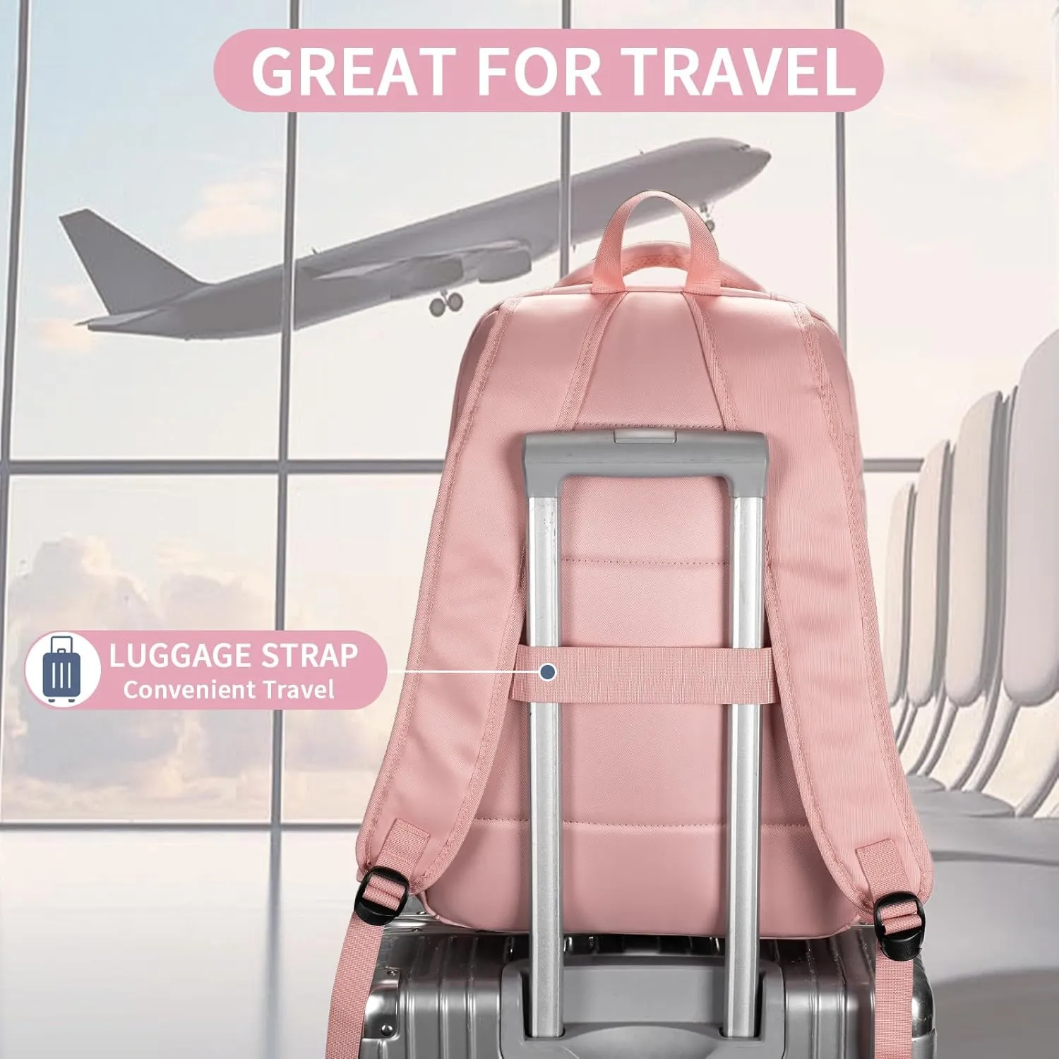 Della Gao College Laptop Backpack with Pencil Case, Pink Travel Backpack for Women, Waterproof Computer Back Pack for Travel, Business, Work, College (Pink, 15.6 Inch)
