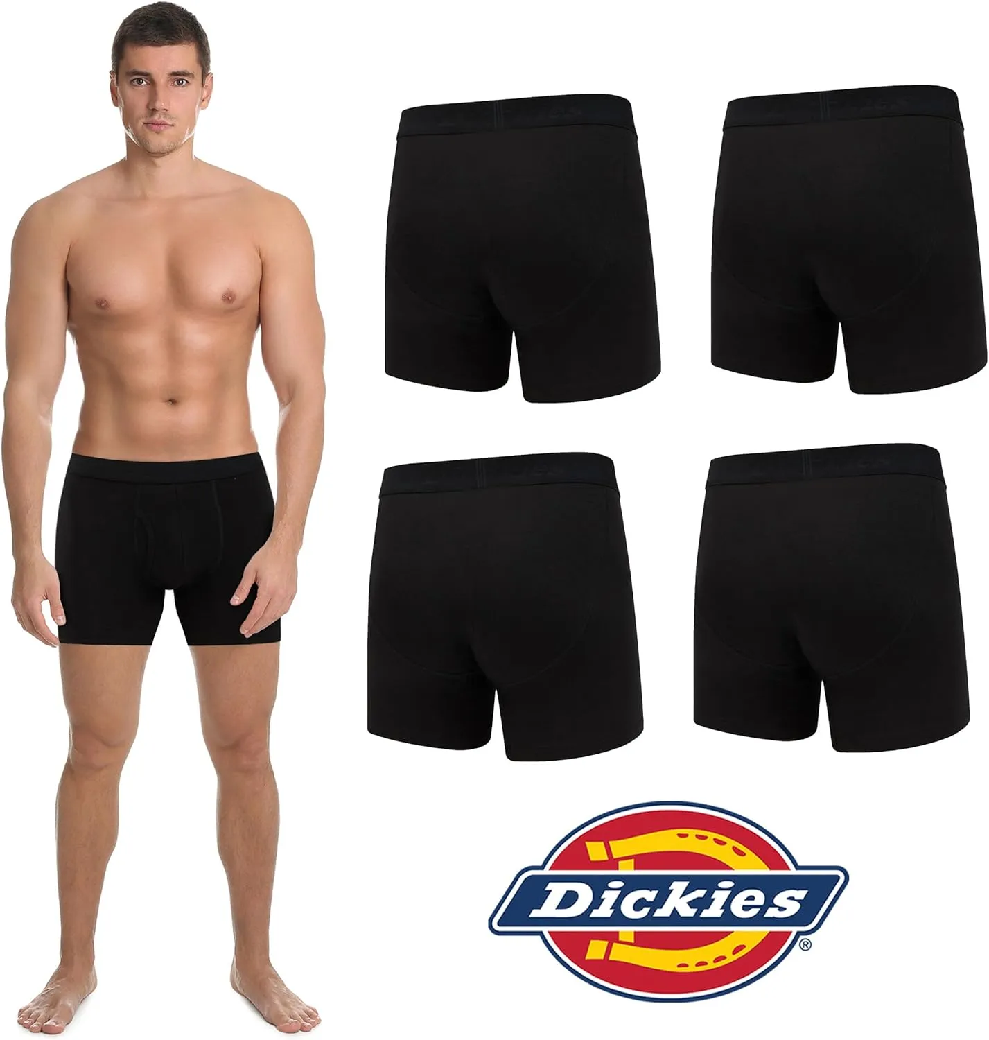 Dickies Mens Underwear Pack of 4 Boxer Briefs, Cotton Stretch Boxers for Men