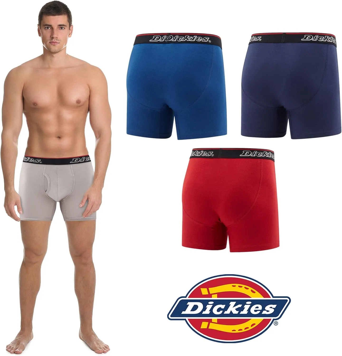 Dickies Mens Underwear Pack of 4 Boxer Briefs, Cotton Stretch Boxers for Men
