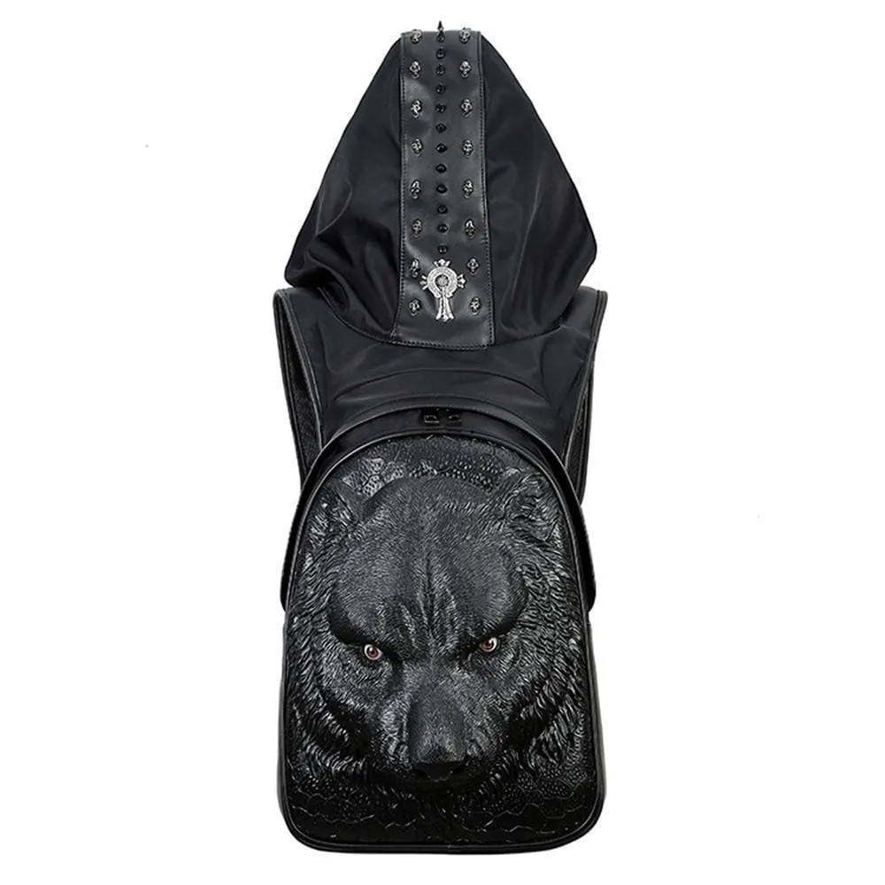 Fashion Punk Rivets Waterproof 3D Tiger Head Backpack Laptop Computer Knapsack With Hat