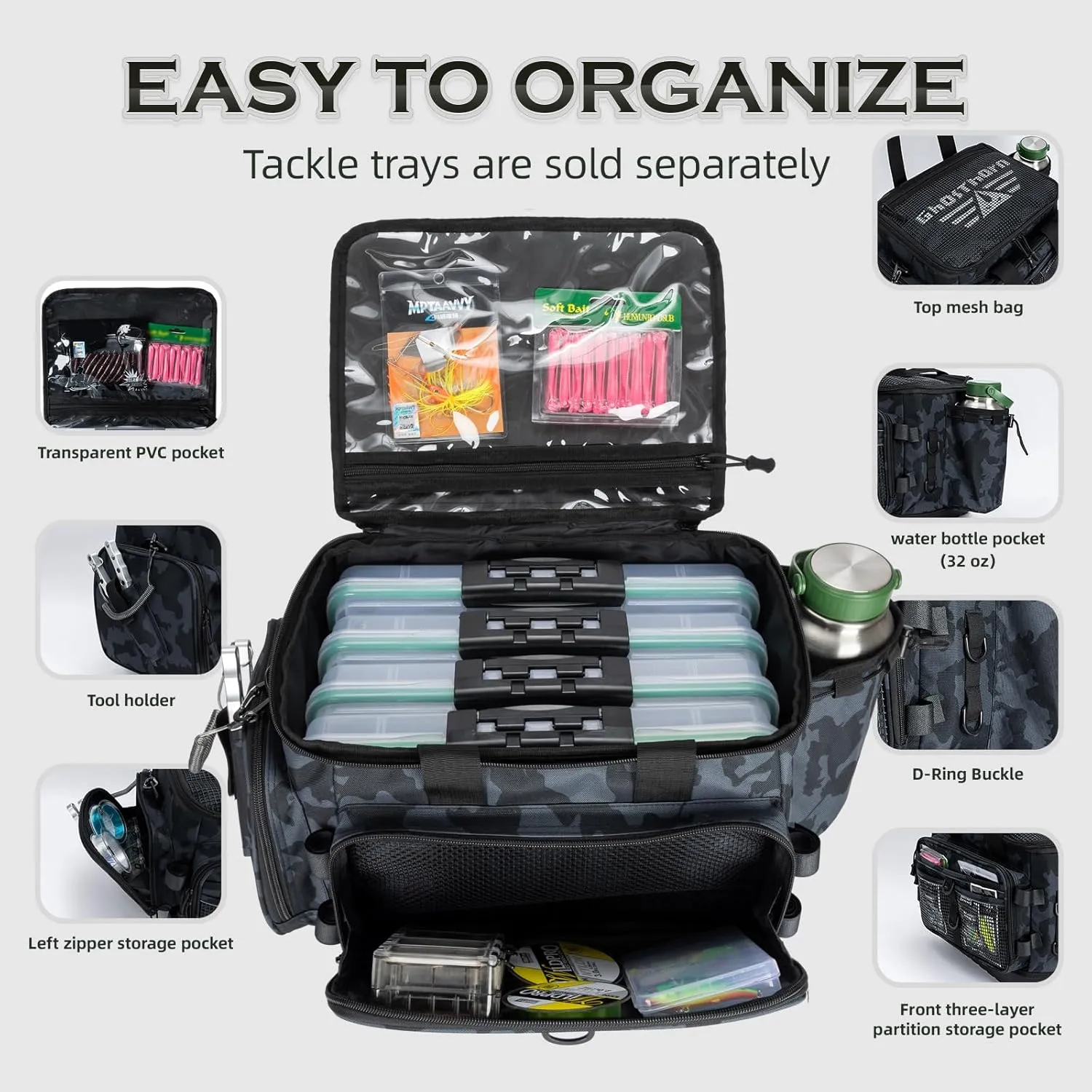 Ghosthorn Fishing Tackle Bag for Saltwater & Freshwater - Versatile Water Resistant Tackle Box Bag Stores Up to 6 Bait Boxes - Durable Fishing Gear Organizer