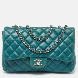 Green Quilted Leather Jumbo Classic Double Flap Bag