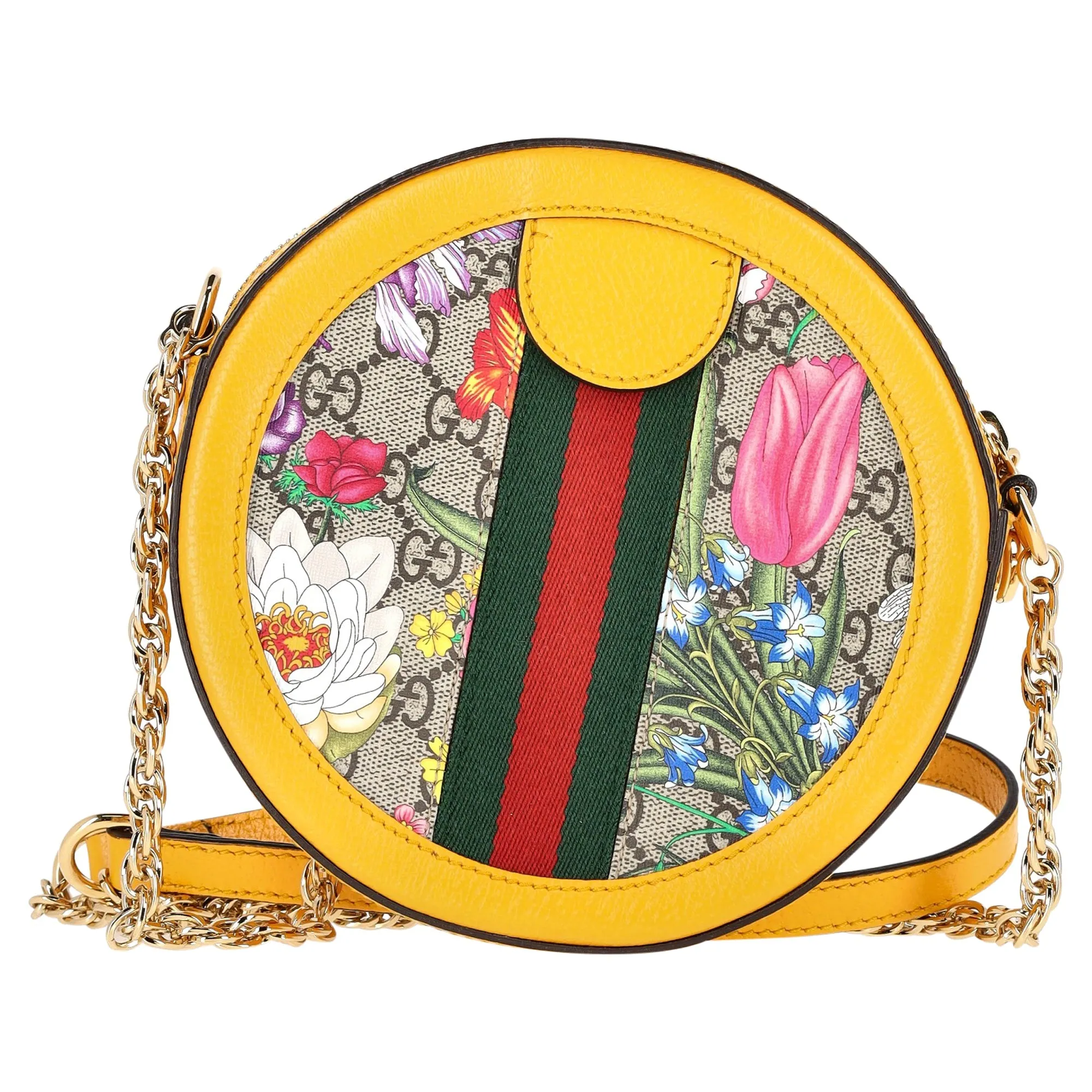 Gucci Ophidia Round Mini Crossbody Bag in Yellow Leather and Floral Print Canvas