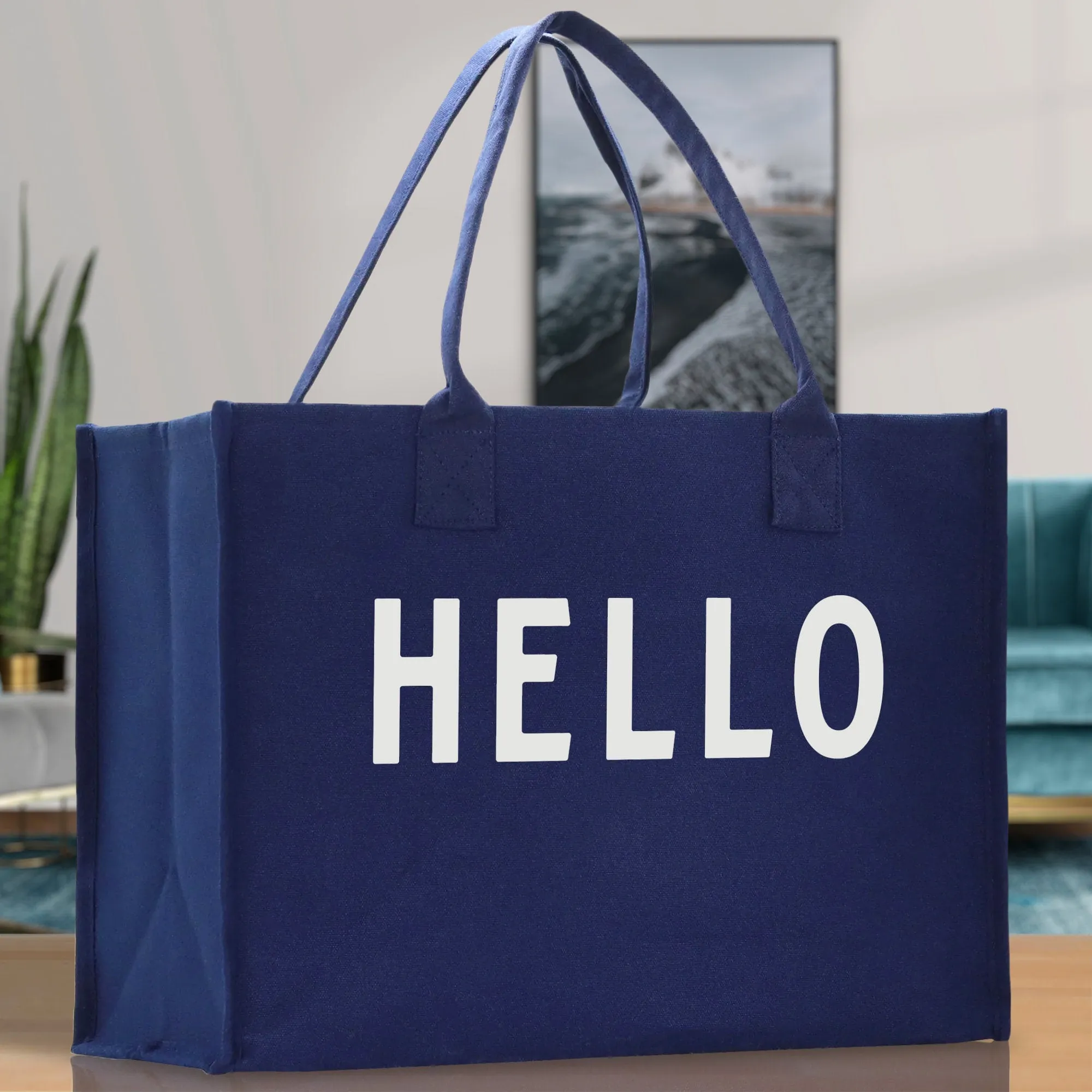 Hello Cotton Canvas Chic Beach Tote Bag Multipurpose Tote Weekender Tote Gift for Her Outdoor Tote Vacation Tote Large Beach Bag