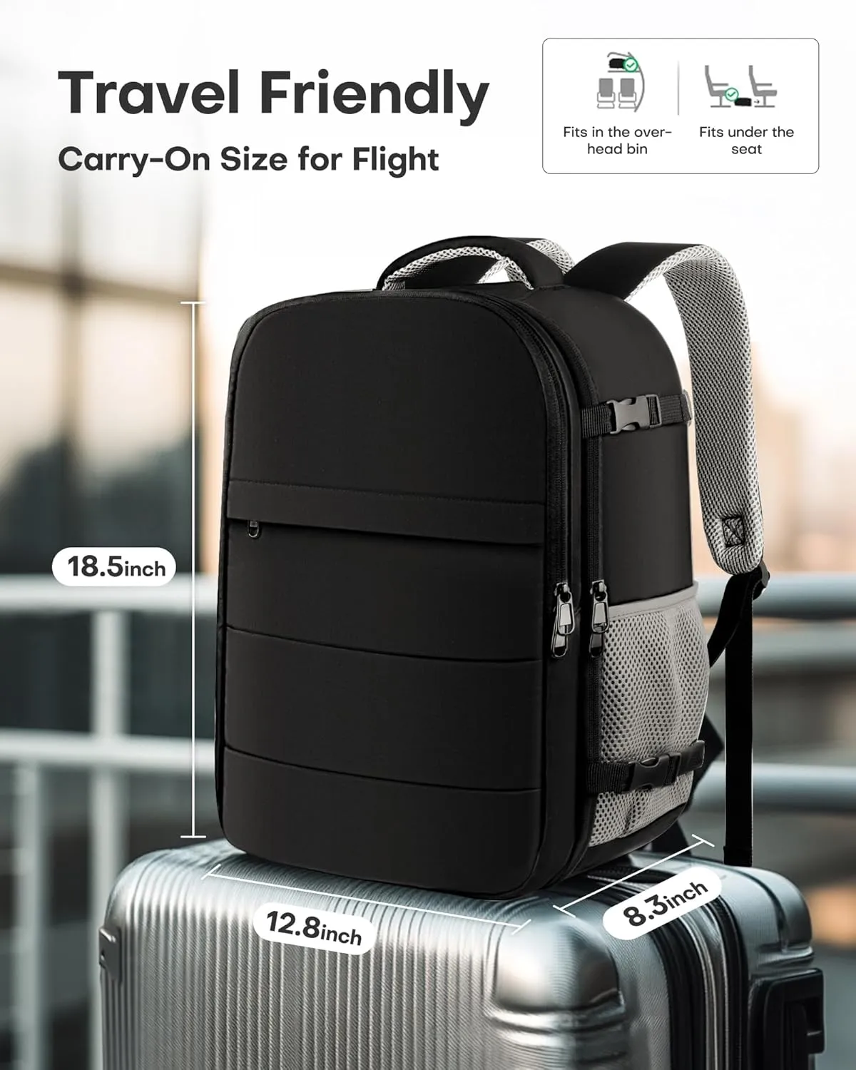 HOTOR Travel Backpack - Flight Approved Travel Bag for Men and Women, Carry on Luggage for 15.6" Laptop and Travel Essentials for Work, Business, Weekender, College 12.8"x8.3"x18.5" (Black)