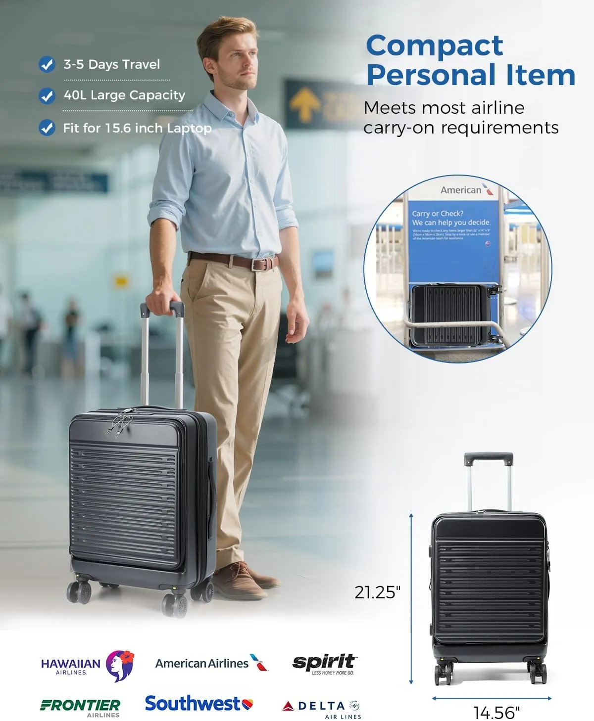 Lekesky 21 Inch Carry On Luggage Airline Approved, Hard Shell Suitcase with Hanging Packing Cube, Lightweight Rolling Luggages with Detachable Spinner Wheels & TSA Lock for Men Women, Black