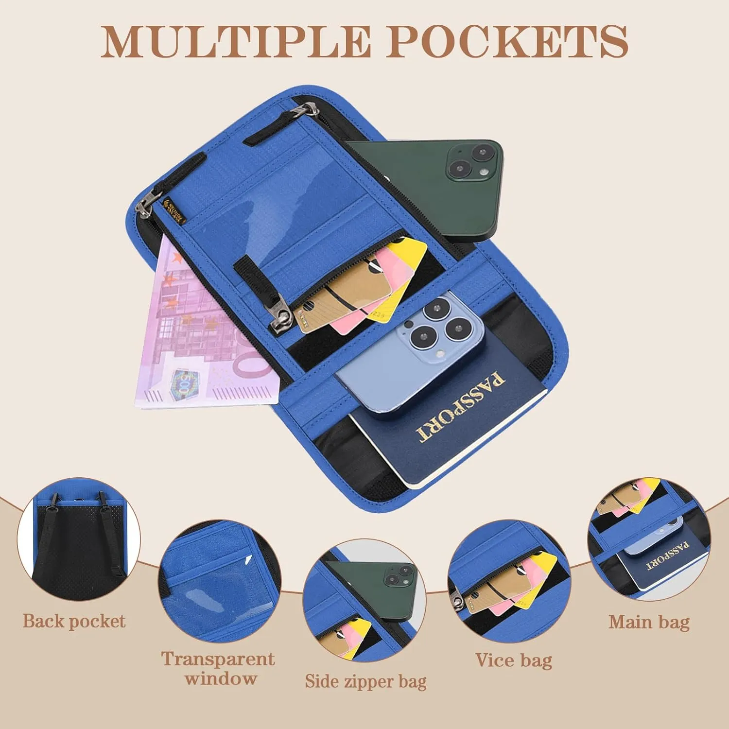 Passport Holder for Travel, Neck Pouch Travel Wallet With RFID Blocking, Waterproof Lightweight Passport Wallet for Women and Men (Blue)
