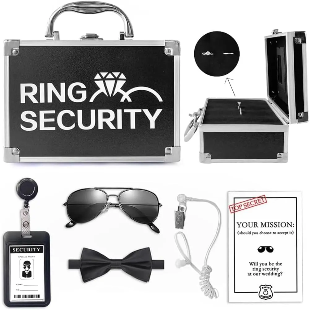 Ring Security Wedding Ring Bearer Briefcase Gift, 6PCS with Badge, Bow Tie, Sun Glasses, Earpiece & Mission Card Special Agent Security for Wedding Proposal Outfit Cosplay