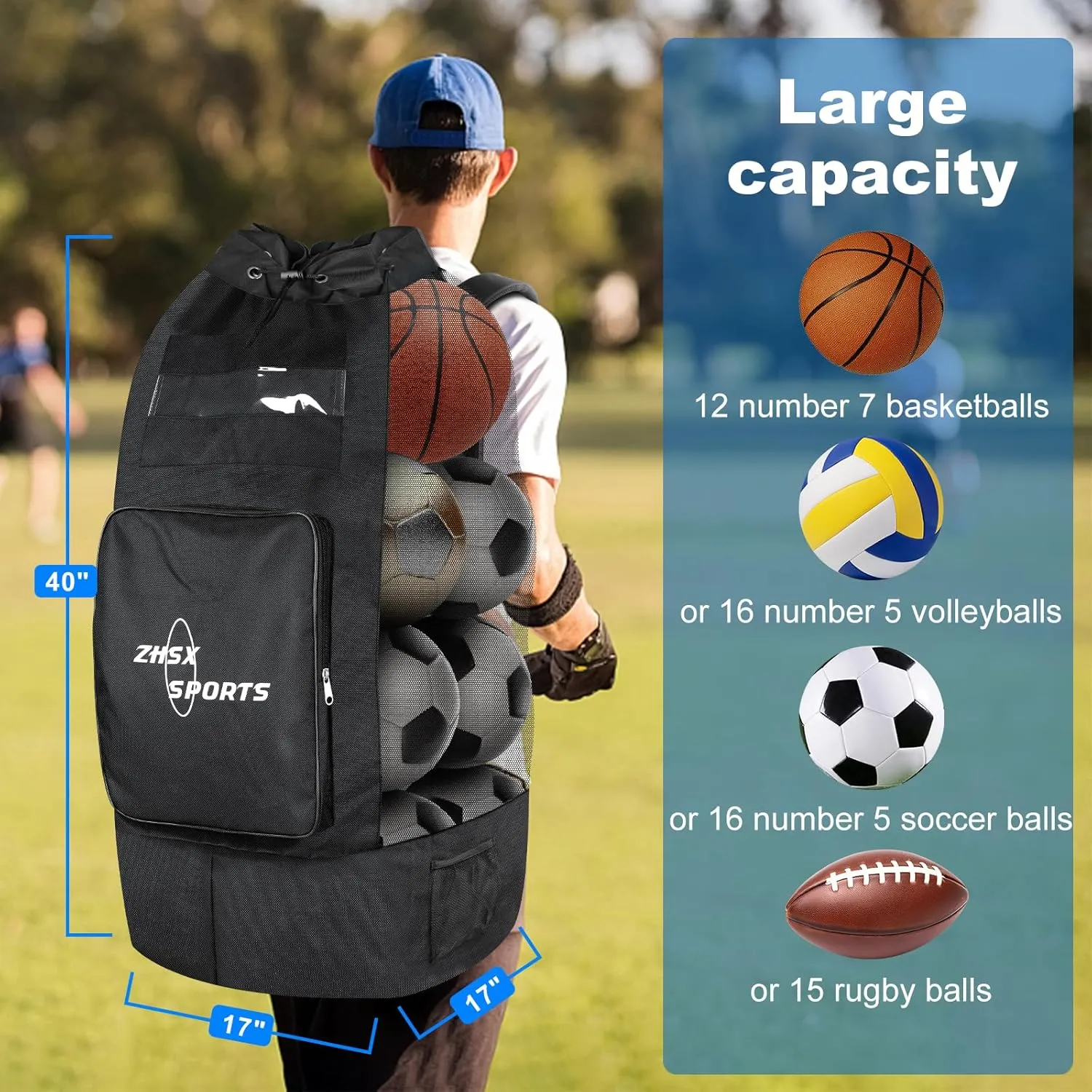 Soccer Ball Bag,Large Mesh Ball Bag Sports Equipment Net Bag With Drawstring Closure Shoulder Strap and Oversized Front Pocket Storage Basketball,Volleyball,Football Accessories