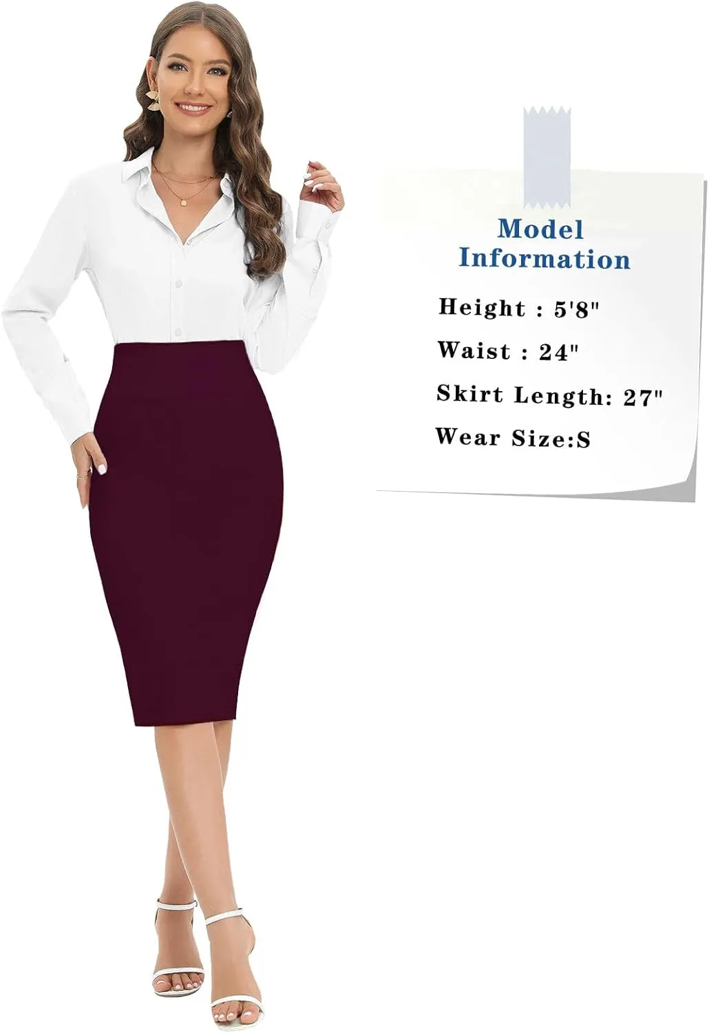 Tapata Women's Office Work Pencil Skirt Stretch High Waist Below Knee Bodycon for Business Casual