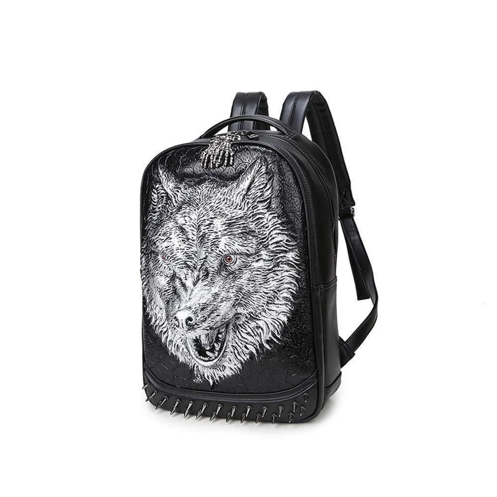 Unisex 3D Angry Wolf PU Leather Casual Laptop Rivet Fashion Backpack
