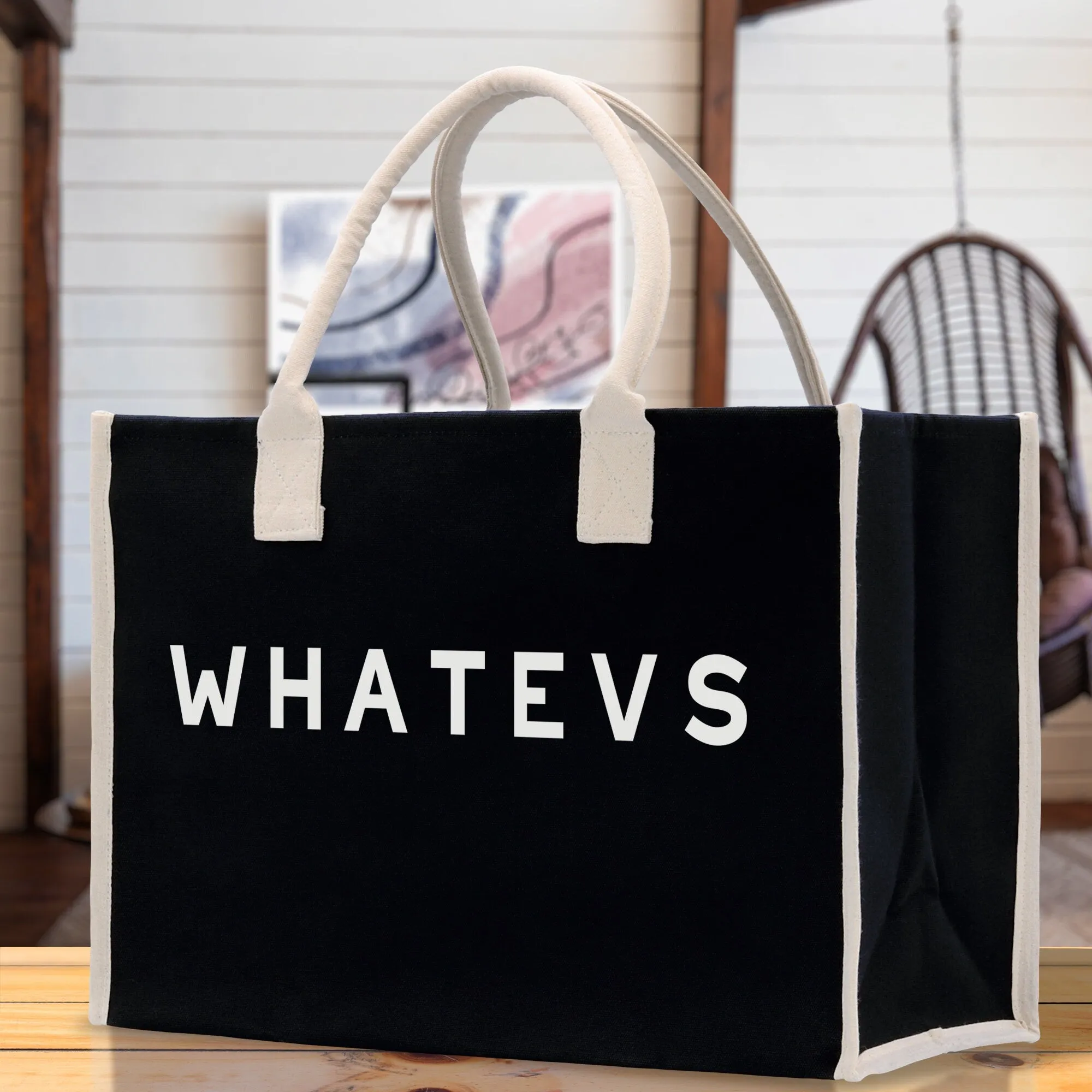 Whatevs Cotton Canvas Chic Beach Tote Bag Multipurpose Tote Weekender Tote Gift for Her Outdoor Tote Vacation Tote Large Beach Bag