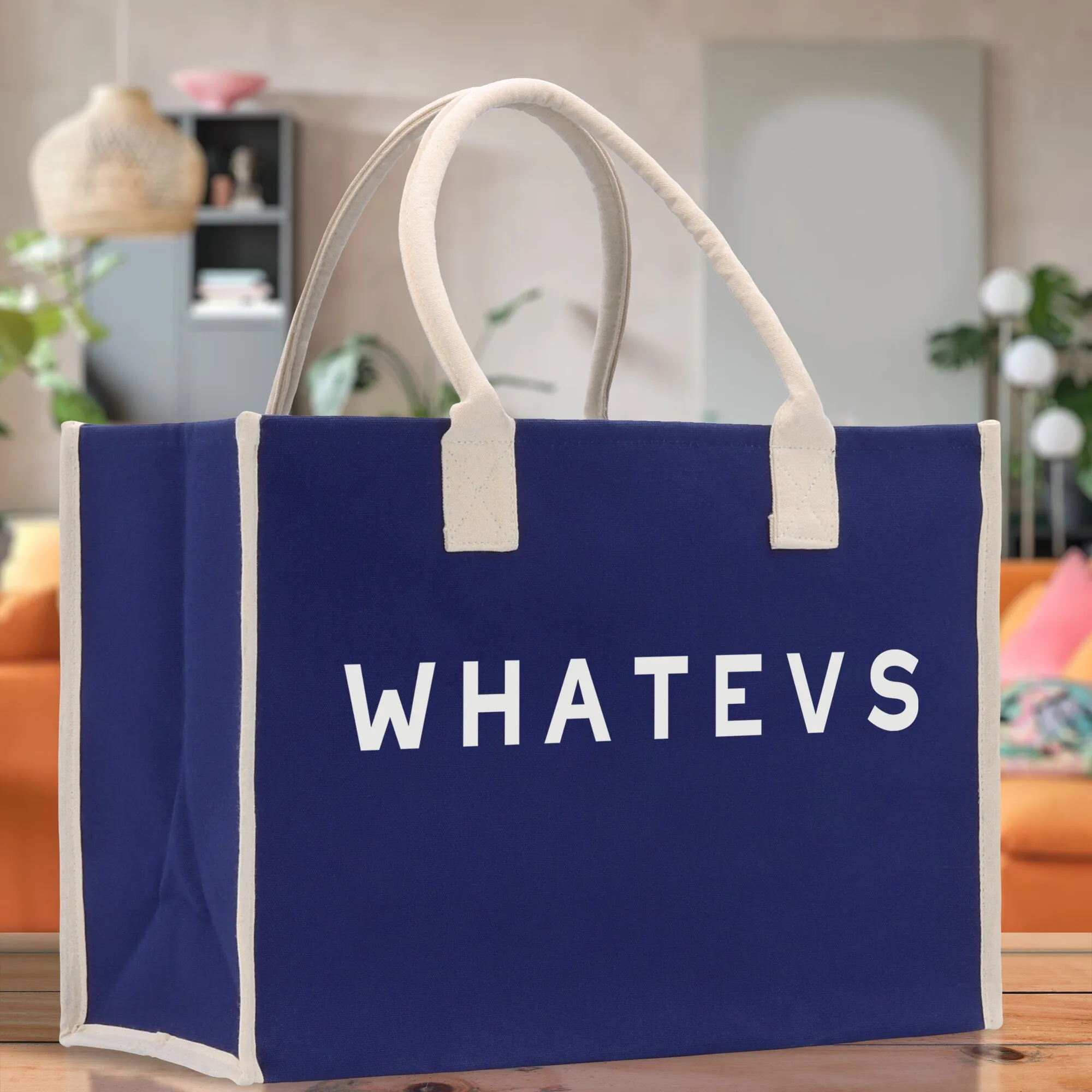 Whatevs Cotton Canvas Chic Beach Tote Bag Multipurpose Tote Weekender Tote Gift for Her Outdoor Tote Vacation Tote Large Beach Bag